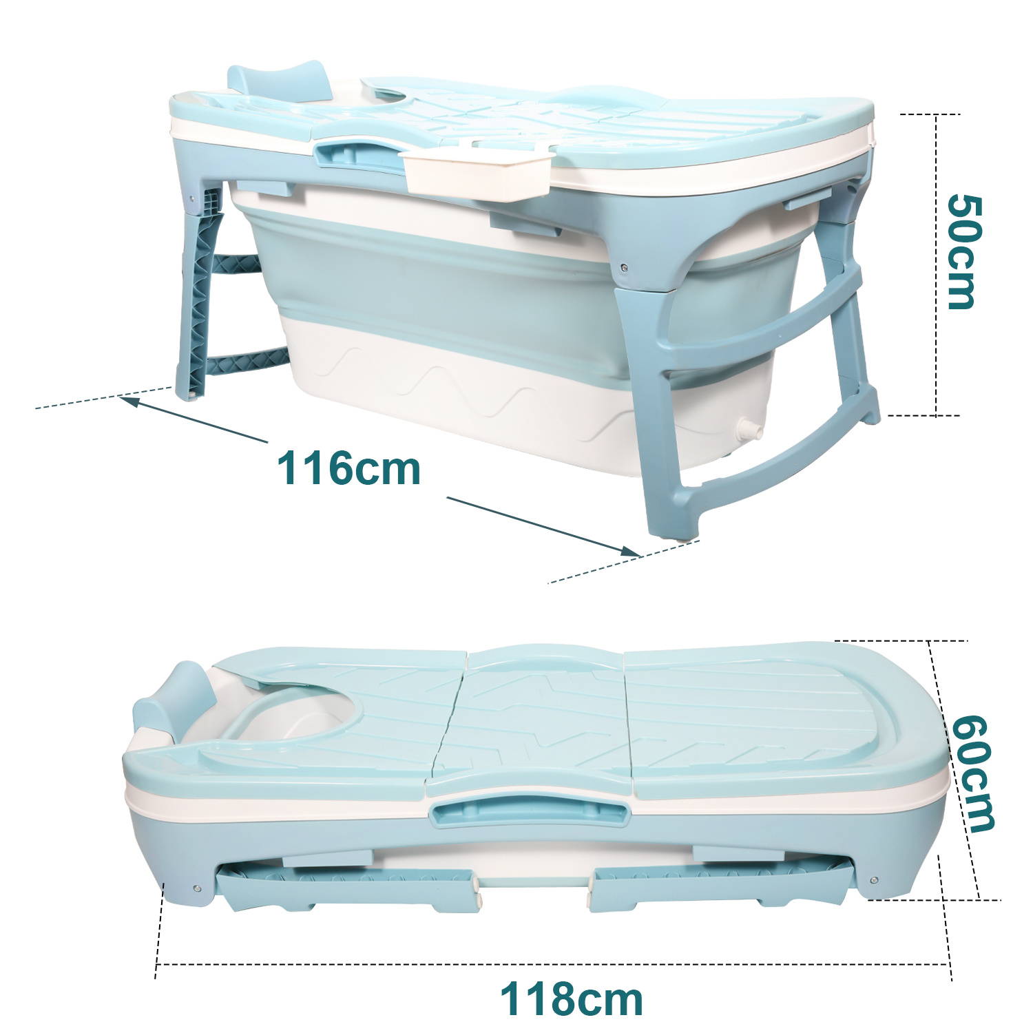 Image of Foldable Bathtub For Adults, Portable Freestanding Bathtub With Lid, Drain Hose And Storage Basket, 118/132/149cm, Blue