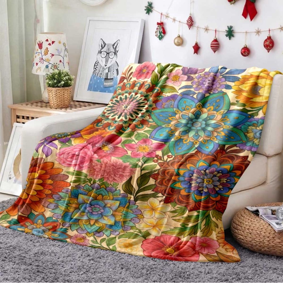 lebendige bohemian blumen flanell decke farbenfrohem mandala