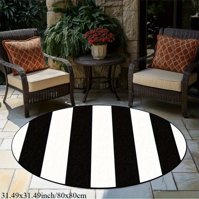 TEMU [ Product] Black And White Striped Round Rug - Suitable For Outdoor Courtyards, Living Rooms, Bedrooms, Or Dining Room Decoration,