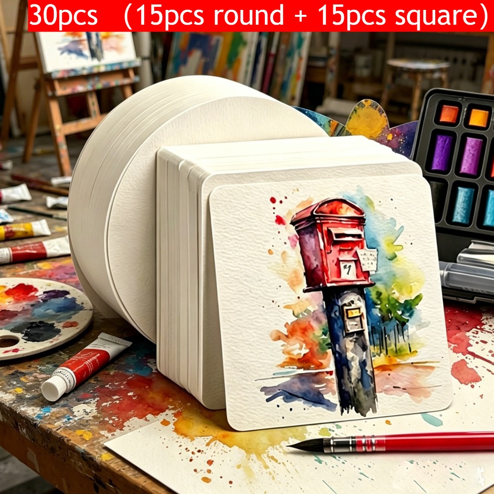 TEMU 30pcs (15pcs Round And 15pcs Square) High-quality Watercolor Paper Postcard Set, Textured, Acid-free And Low Content, Ideal For Painting,