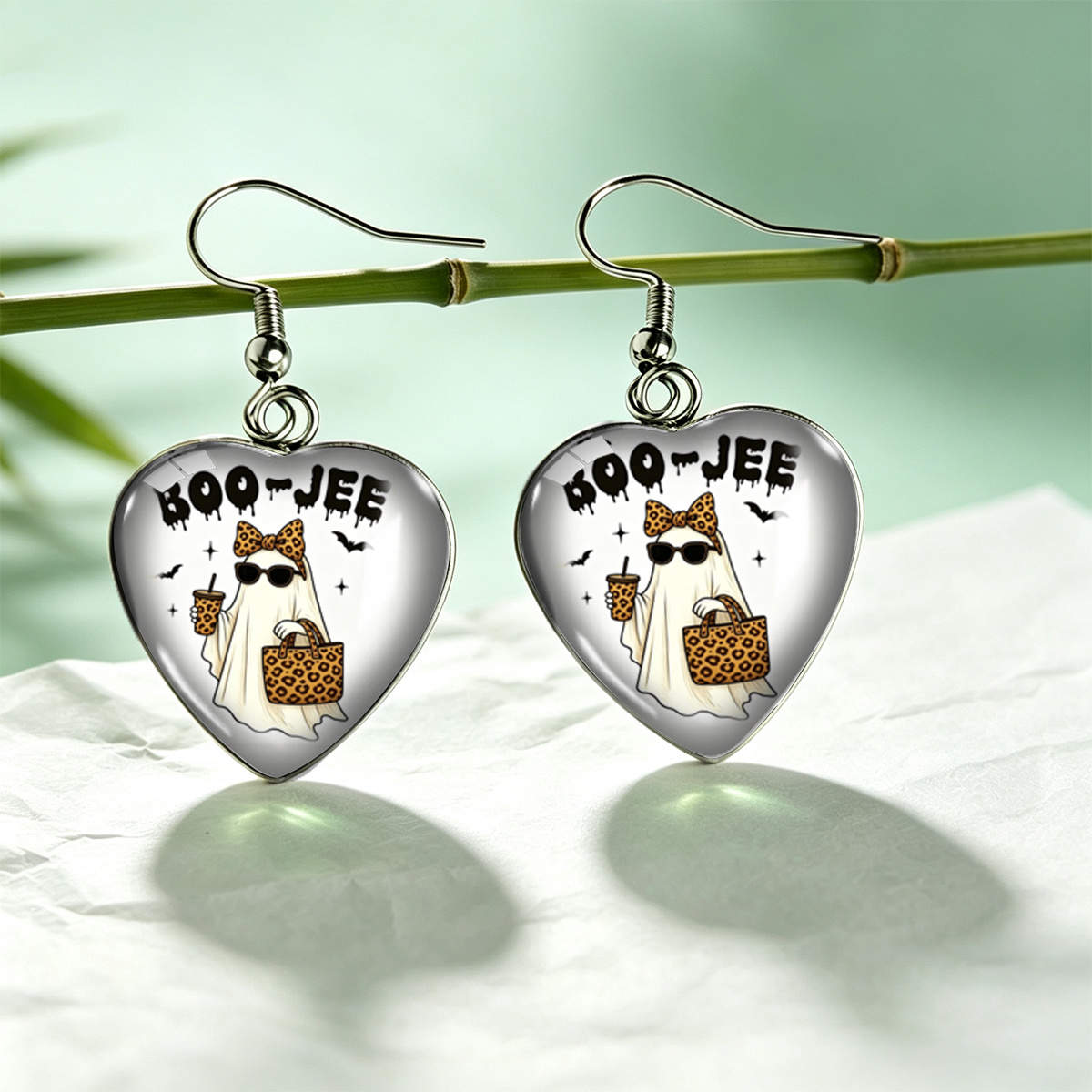 TEMU 1 Pair Cartoon Boo-jee Leopard Print Glasses Pattern Heart-shaped Earrings Sweet Cool Halloween Individual Unisex Stud Earrings, Without Battery
