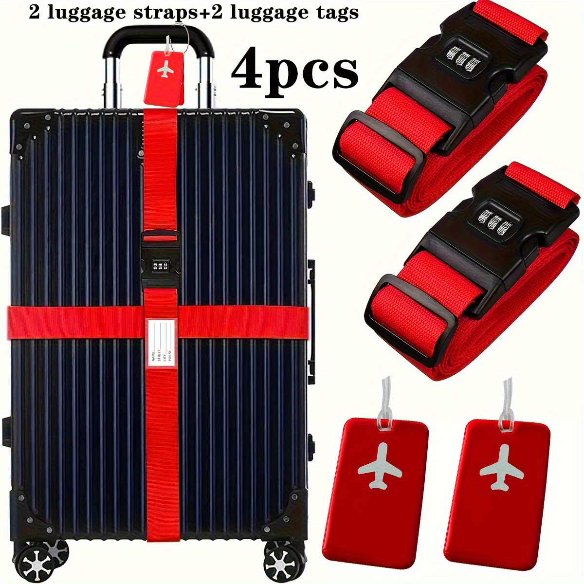 TEMU 4pcs Luggage Straps With Tags Set, 2pcs Suitcase Straps With Password Lock 2pcs Luggage Tags, Travel Packing Additions Set. Equipped With Lock,