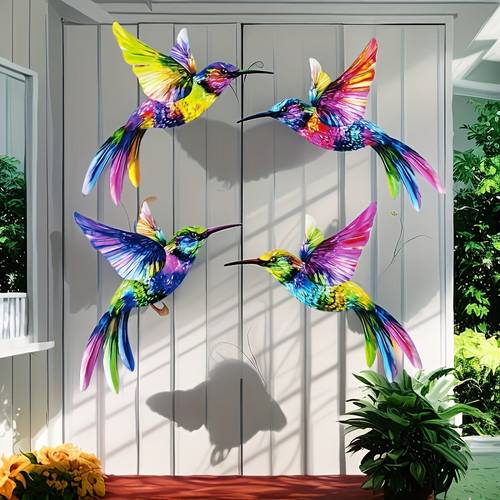 2d flat 2d flat 4pcs acrylic outdoor wall art set 3d colorful garden bird sculpture acrylic hanging ornament suitable for patio room handcrafted hummingbird acrylic bird wall decor perfect room decoration 2d flat