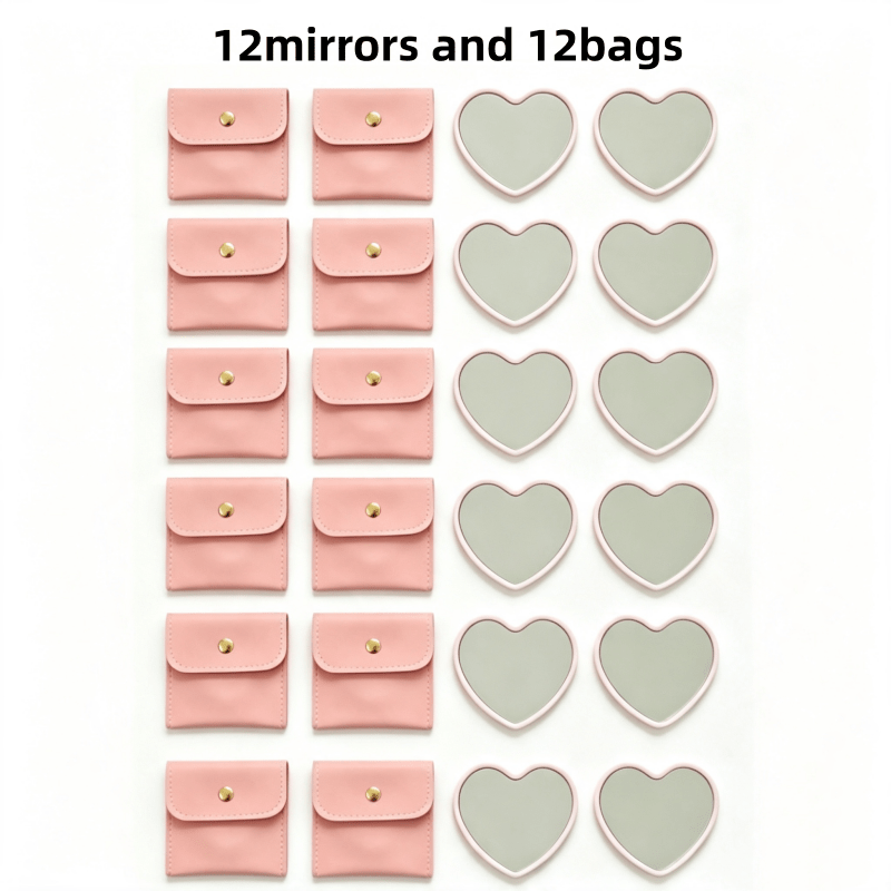 TEMU 12pcs Mirrors And 12pcs Bags, Heart-shaped Portable Mirrors With Cosmetic Bags, Makeup Mirrors With Exquisite Matching Cosmetic Bags, Suitable