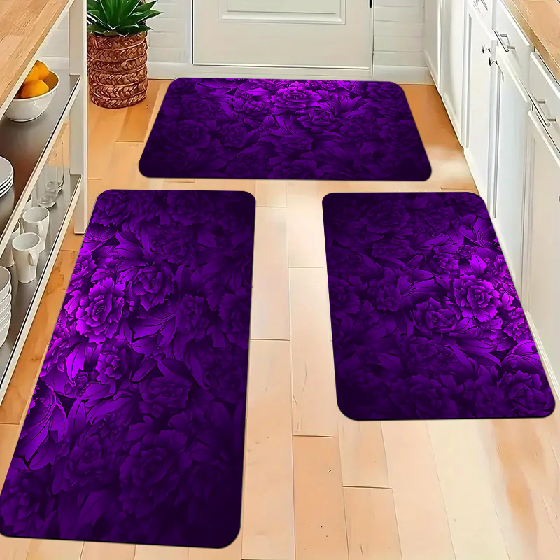 

1pc Purple Floral Non-slip Kitchen Floor Mat, Machine Washable Polyester Fiber, Anti-fouling Rug For Home Decor, Living Room, Porch, And Balcony