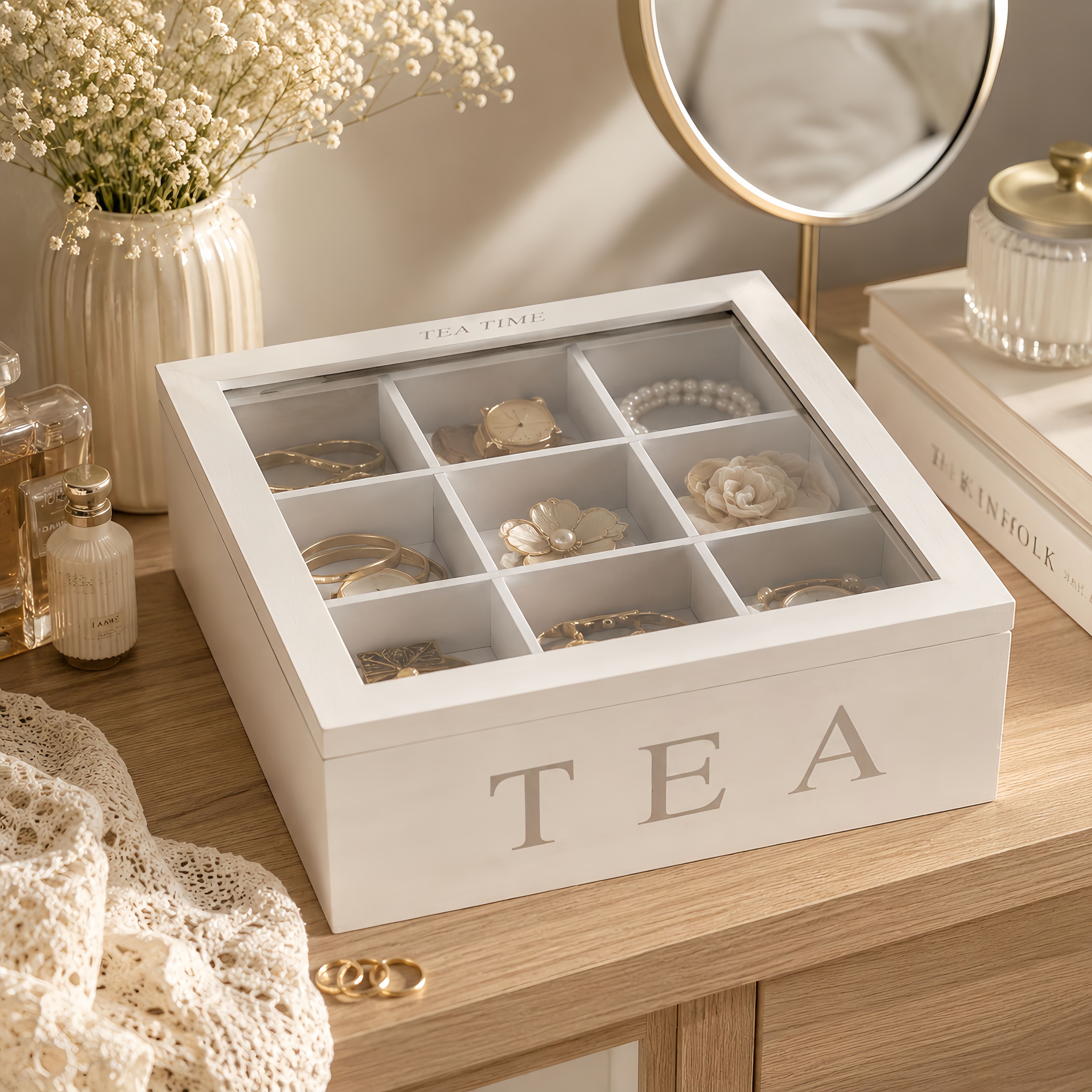 TEMU Wooden Organizer Box With Lid - 9 Compartment Decorative Storage Box For Tea Bags, Jewelry, Office Supplies And Additions - Rustic Farmhouse