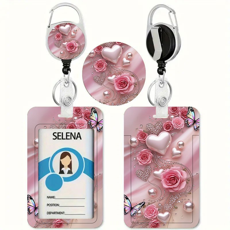 TEMU Porte-cartes à motif imprimé rose papillon et perle avec porte-badge rétractable - Porte-cartes d'identification et de crédit, cordon de badge