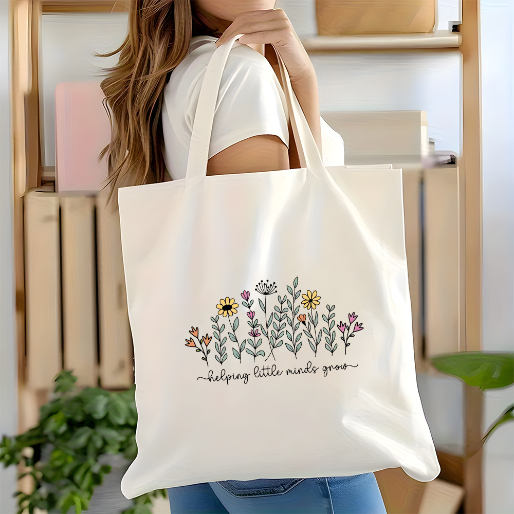 TEMU 1pc Double-sided Printing "help Your Mind Grow" Teacher Appreciation Tote Bag - Large Capacity, Durable Shoulder Bag, Reusable Shopping Bag,