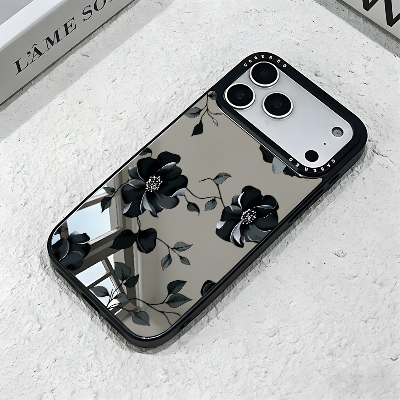 TEMU Phone Case - 1pc Of Black Floral Branch And Leaf Uv Printed Pattern Mirror Phone Case, Suitable For Iphone 17-11 Pro Pro , A For