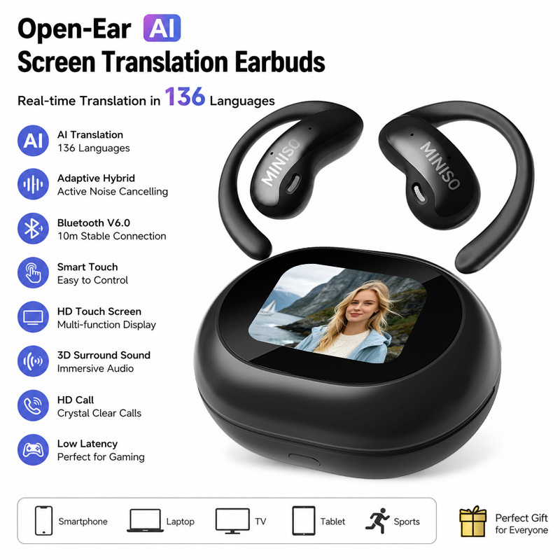 Open-ear Ai Translation Earbuds With Smart Touchscreen, Supports 136 Languages Real-time Translation, Bluetooth 6.0 Wireless Connection, Adaptive , 3d Surround Sound, Hd Calls, Low Latency Gaming Mode