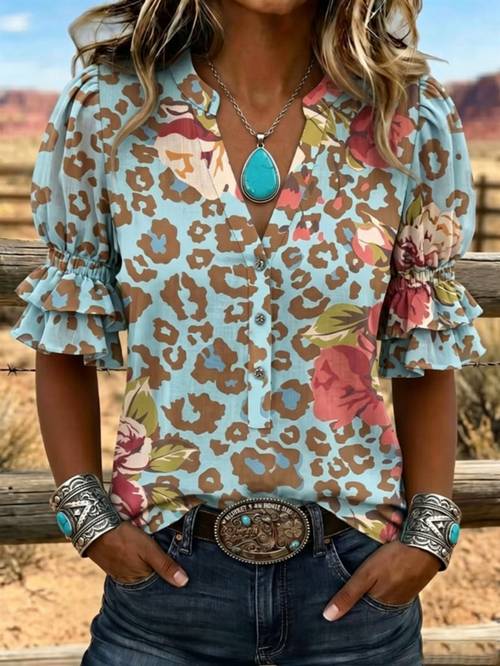 item picture bohemian leopard floral shirt bohemian style leopard print and floral v neck shirt multi layer ruffle edge bubble sleeve top