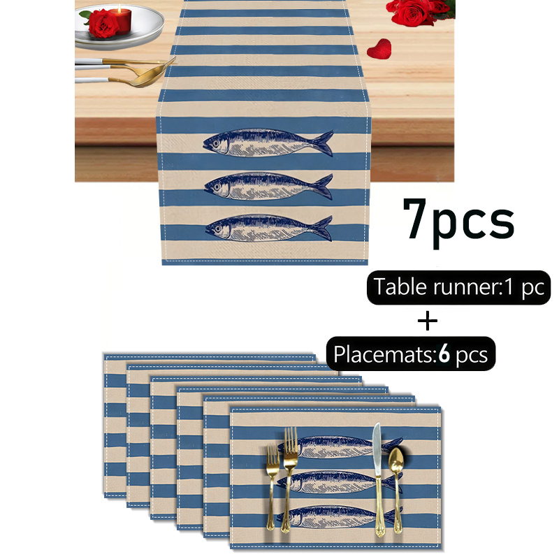 TEMU 5/7 pezzi Tovagliette e runner da a righe blu e bianche con sardine - Tovagliette in poliestere da 12X18/13X72 pollici, per decorare tavoli da ,