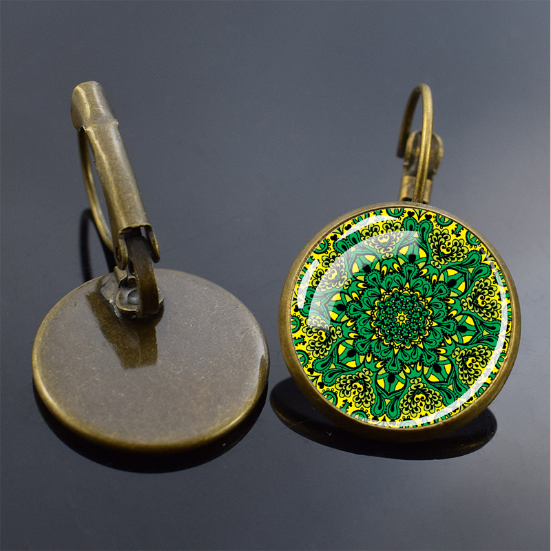 TEMU A Pair Of Stylish Earrings Featuring A Mandala Design With Retro Elements, From Gemstone And Bronze, With Exquisite Glass Circular Pendants,