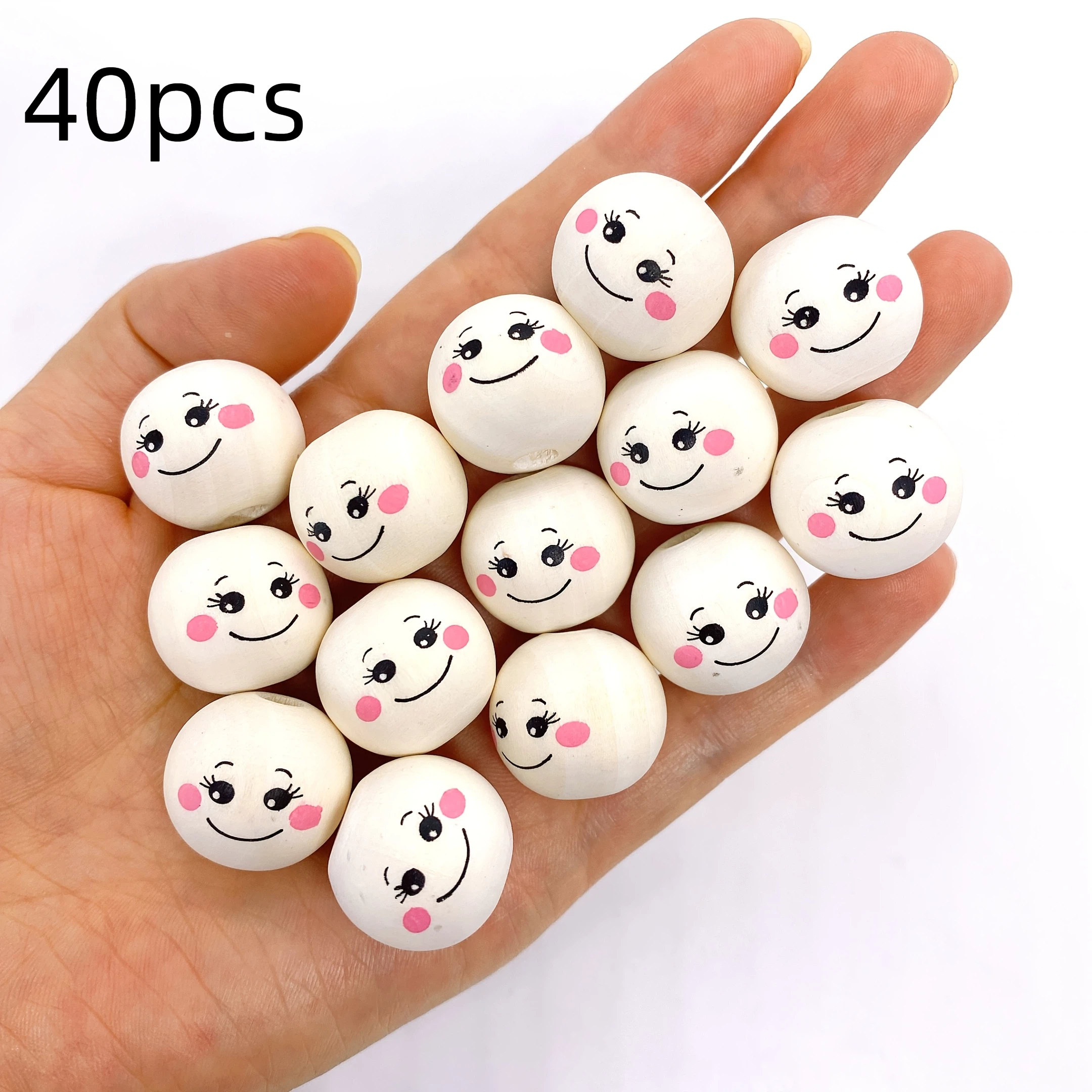 TEMU 40pcs 20mm/0.78in Happy Wooden Beads - Wooden Round Beads, For Keychains And Jewelry, Key Chain Pendant, Wooden Ornament, Cute Pendant, Smooth