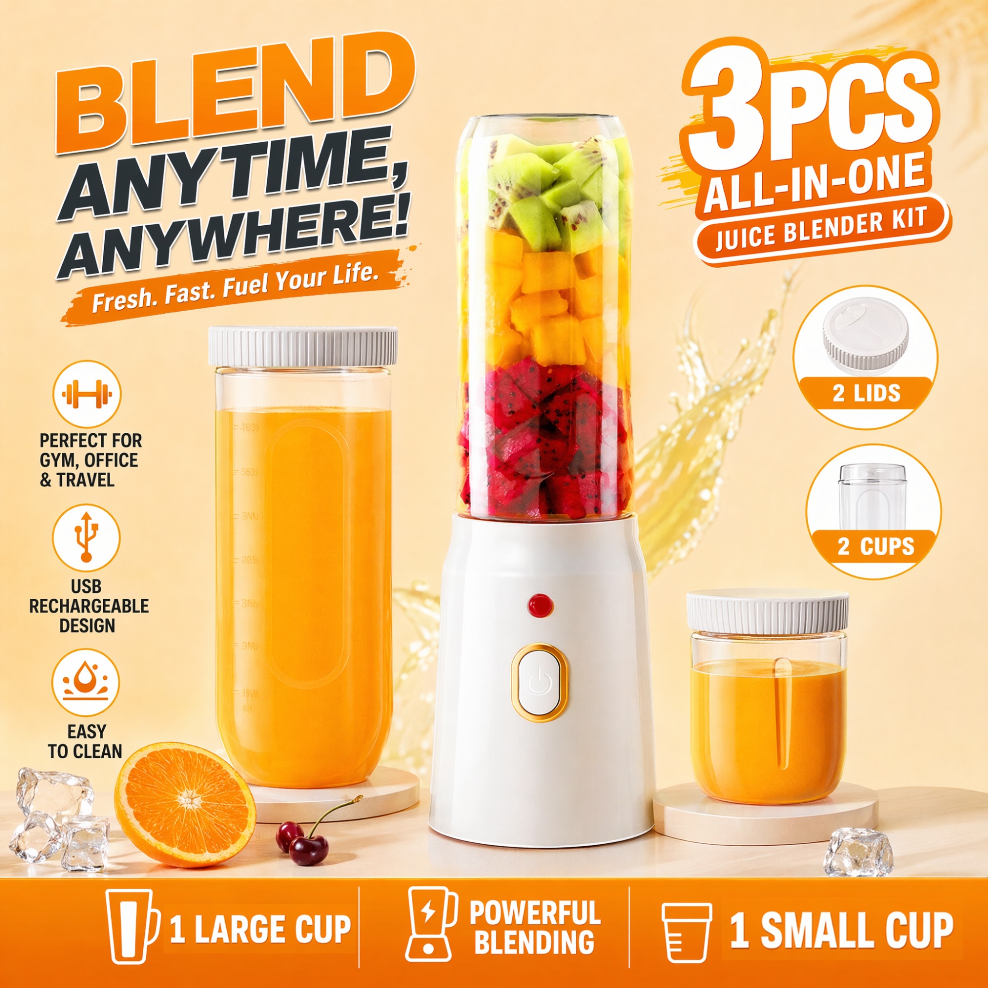 TEMU 3pcs Set With &double Lids, 10-blade Portable Juicer, 15.22oz/450ml & 6.8oz/200ml, Usb Rechargeable Mini Fruit Mixer With 1500mah Battery For