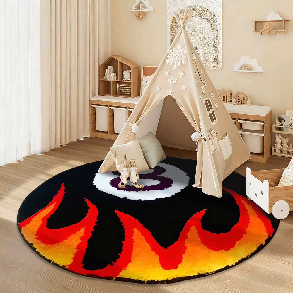 TEMU 1pc Velvet 850g/m² Flame Ball Print Round Rug Mat, 0.7cm Thickness Hd Printed Carpet, Easy To Care For, Suitable For Trendy , Billiard-themed