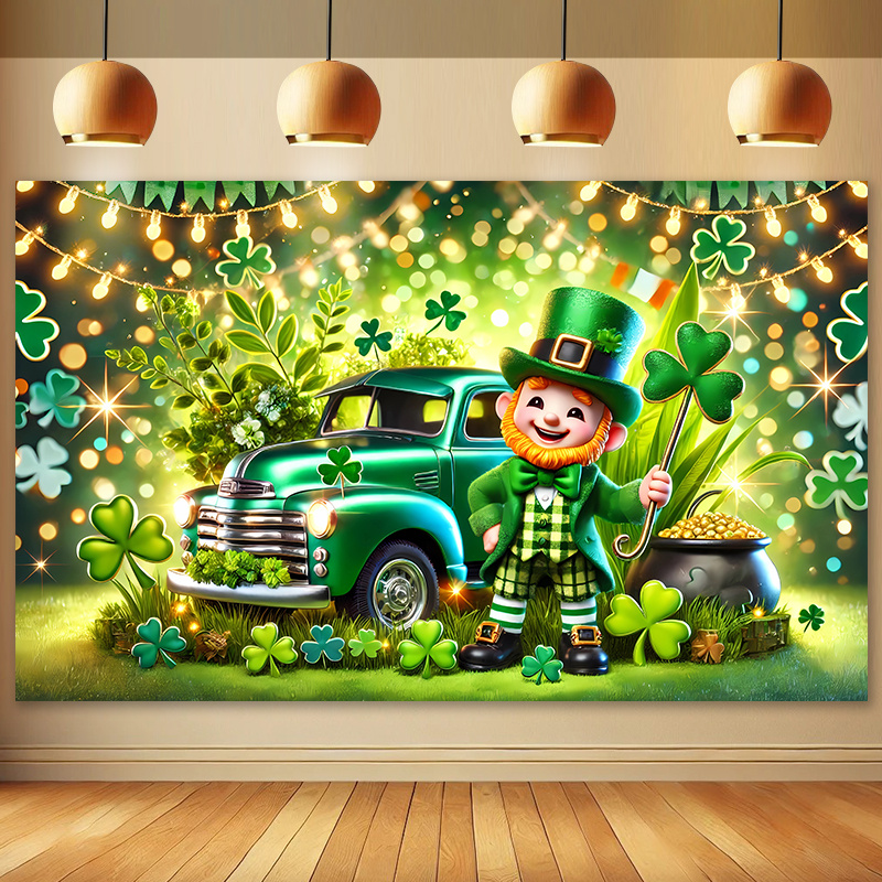 

2d Door Banner, 2d Door Banner And Green Truck Surrounded By Shamrocks 's Day Polyester Background Cloth For Decorations