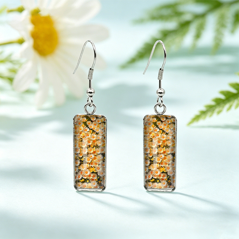 Daisies Blooming in The Sunshine Rectangular Pendant Earrings, Glass