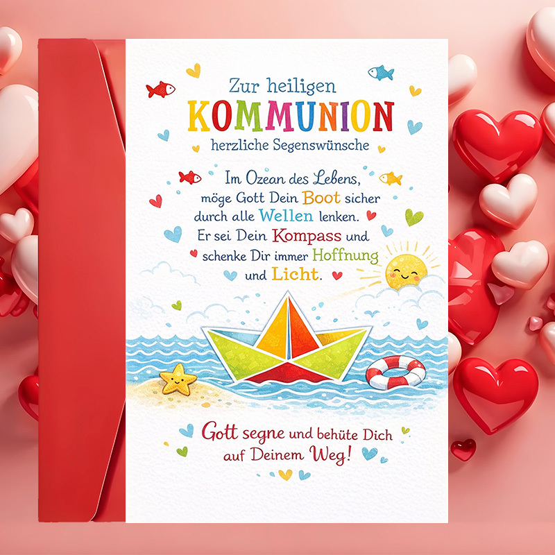 Image of Set Of 2 (includes An Envelope And A Greeting Card) - A First Communion Card Featuring A Vibrant Boat Design, Ideal For Religious Celebrations And As A Gift For During