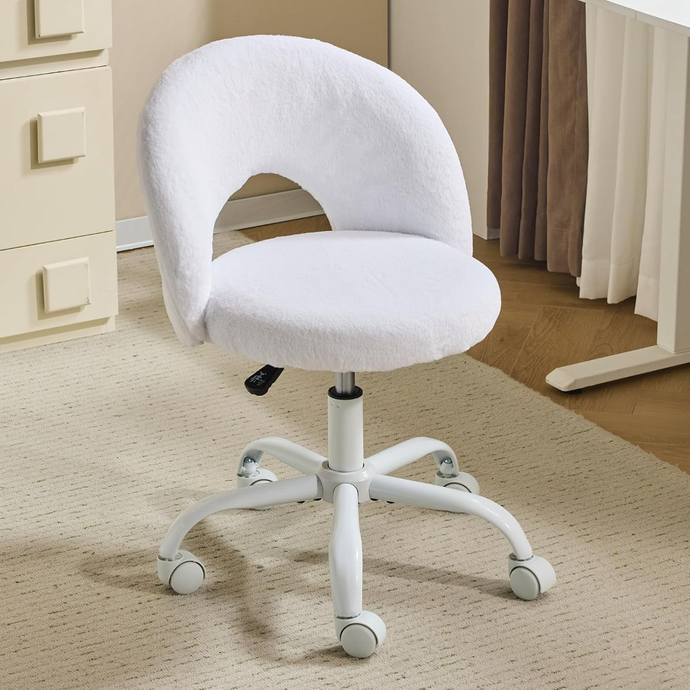 Image of Bonnlo For Home Office Chair, Desk Chair, Vanity Chair, Armless Swivel Office Chair With Wheels, Height Adjustable, Ideal For Home Office And Makeup Room, Faux Rabbit Fur Surface