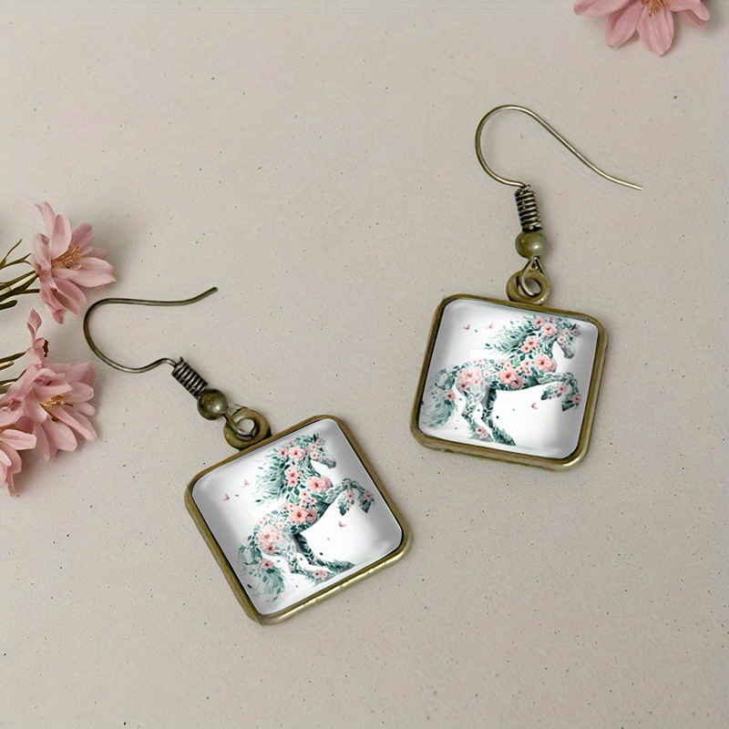 Vintage Glass Drop Earrings with Floral Designs