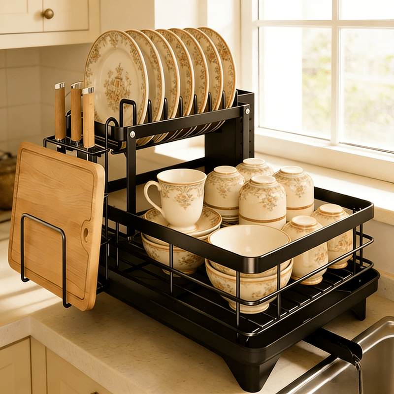 TEMU Large Capacity Black Double-layer Bowl Rack | Metal Kitchen Storage Rack With Cup Holder, Cutting Board Holder, Cutlery Tray, And Drainage