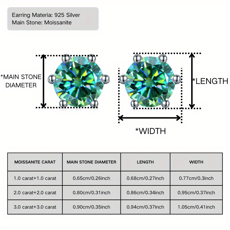 1 Pair of Classic Green Round Cut moissanite Earrings, Available in 1/2/3 Carats, Made of S925 925 Silver That Is Allergy-Proof, Making Them an Ideal Gift for Both Men And Women for Daily Wear, Birthdays, Anniversaries, Christmas, Without Battery