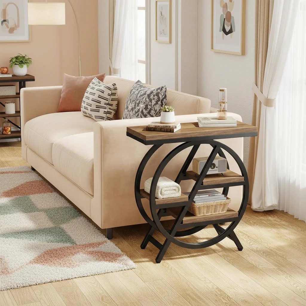 TEMU Narrow Side Table With 3-tier Storage, Industrial Nightstand Bedside Table With Metal Frame For Christmas Decor