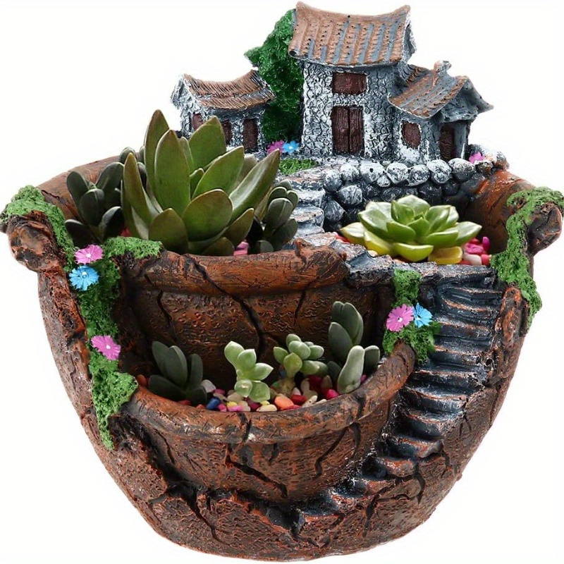 

Vintage-style Planter - 3-compartment Resin Pot With Drainage, Indoor & Outdoor Decor, Rustic Bonsai Display For Garden, Balcony, Living Room