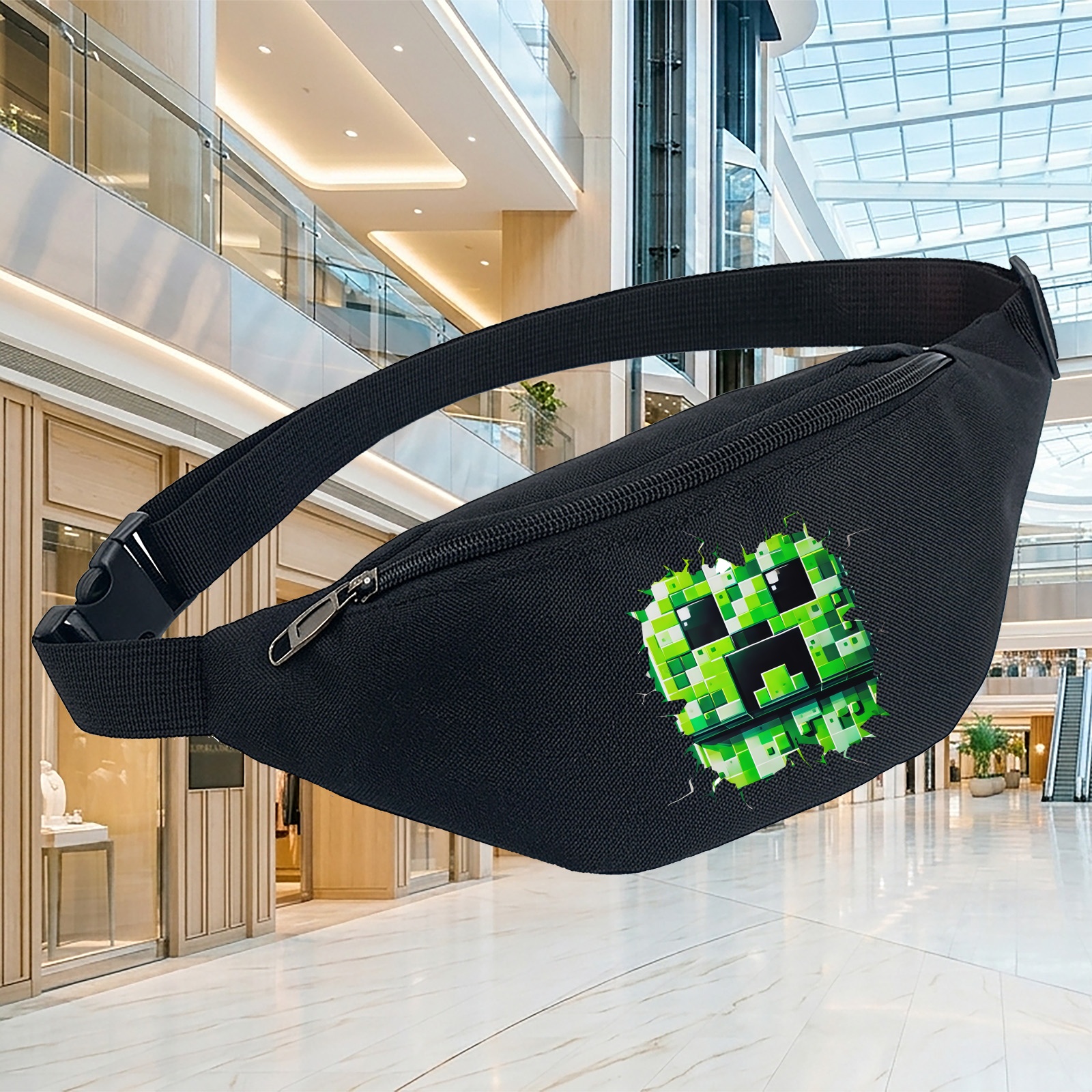 TEMU Creeper Print Waist Bag, Stylish Hip Pouch For Urban Travel & , Secure Bum Bag With Unique Creeper Design, Perfect Festival Accessory, Trendy