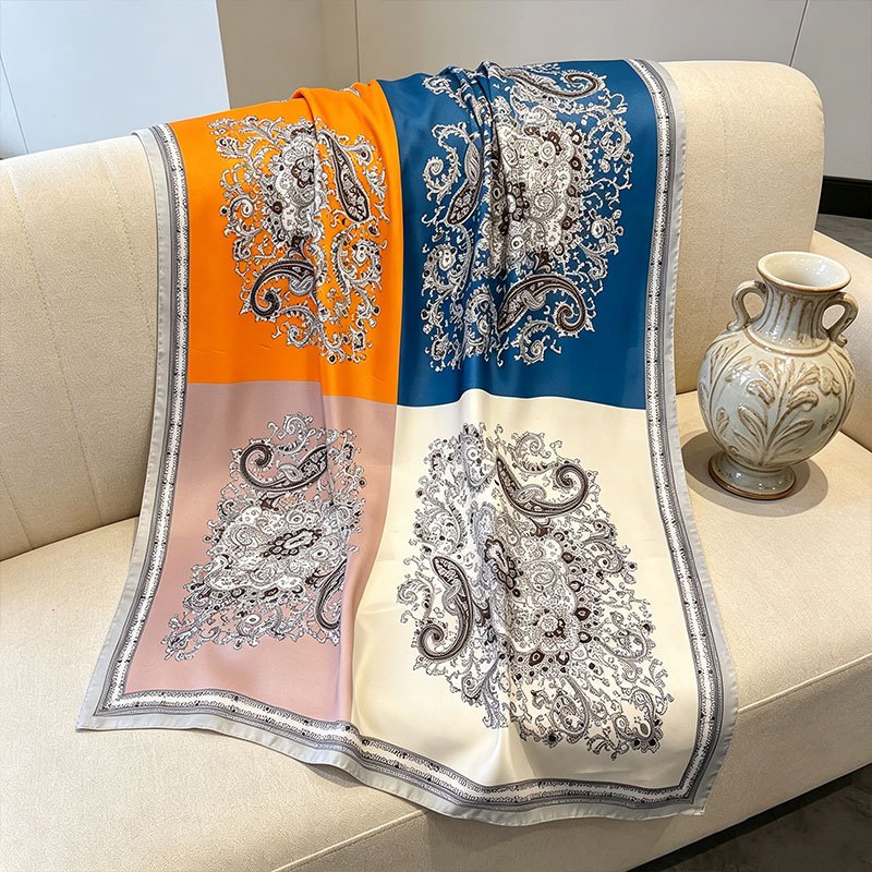 TEMU 1pc 100% Silk Shawl Blanket Suitable For - Elegant Paisley Wrap With Orange/blue/nude Pink/beige Print, Lightweight Japanese Korean European