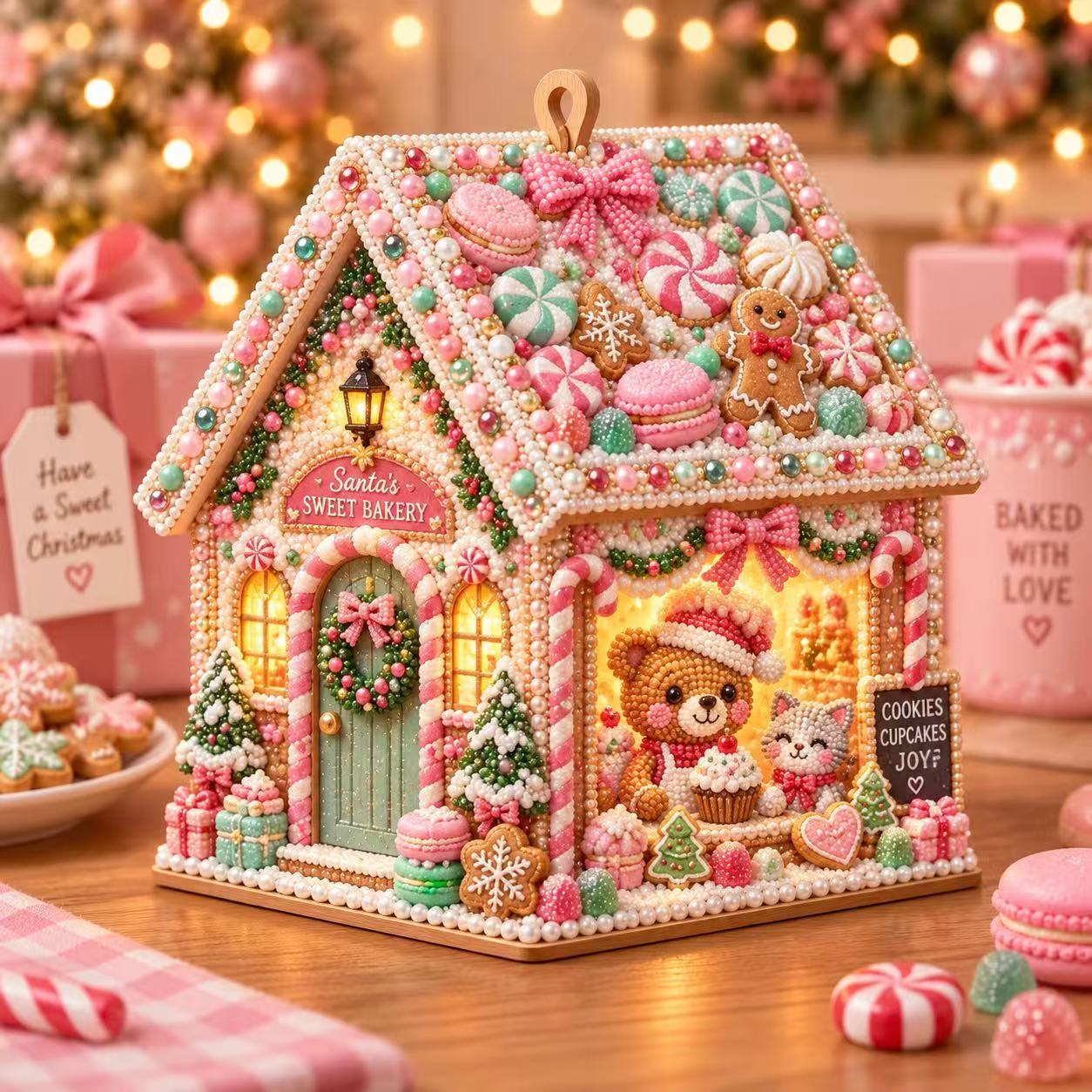 TEMU New! Christmas Wooden House Pearl Diamond Painting Art Set, Round Diamond Decorative Wooden House, Home Holiday Atmosphere Ornament, Handmade,