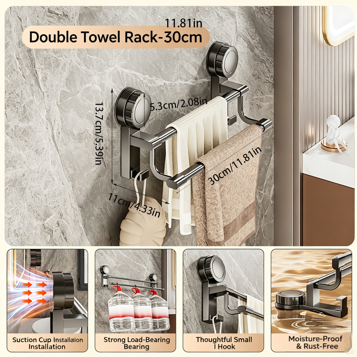 TEMU No-drill Suction Cup Bathroom Towel Rack, Wall-mounted Multifunctional Towel Bar Holder For Shower Room, Heavy-duty Suction Design, Ideal For