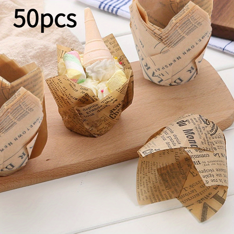 TEMU Pack Of 50 Natural Newspaper-style Tulip Cupcake Liners - Standard Baking Cups For Cupcakes And Muffins - Suitable For Christmas, Birthdays, And