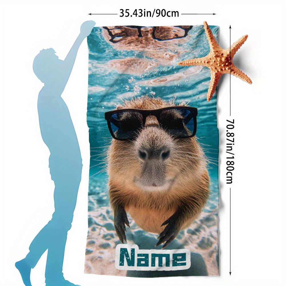 TEMU 1pc Personalized Name Custom Beach Towel Stripes, Capybara Underwater Pattern Beach Towel, Fiber, Soft, Lightweight, Quick-drying Towel, Large