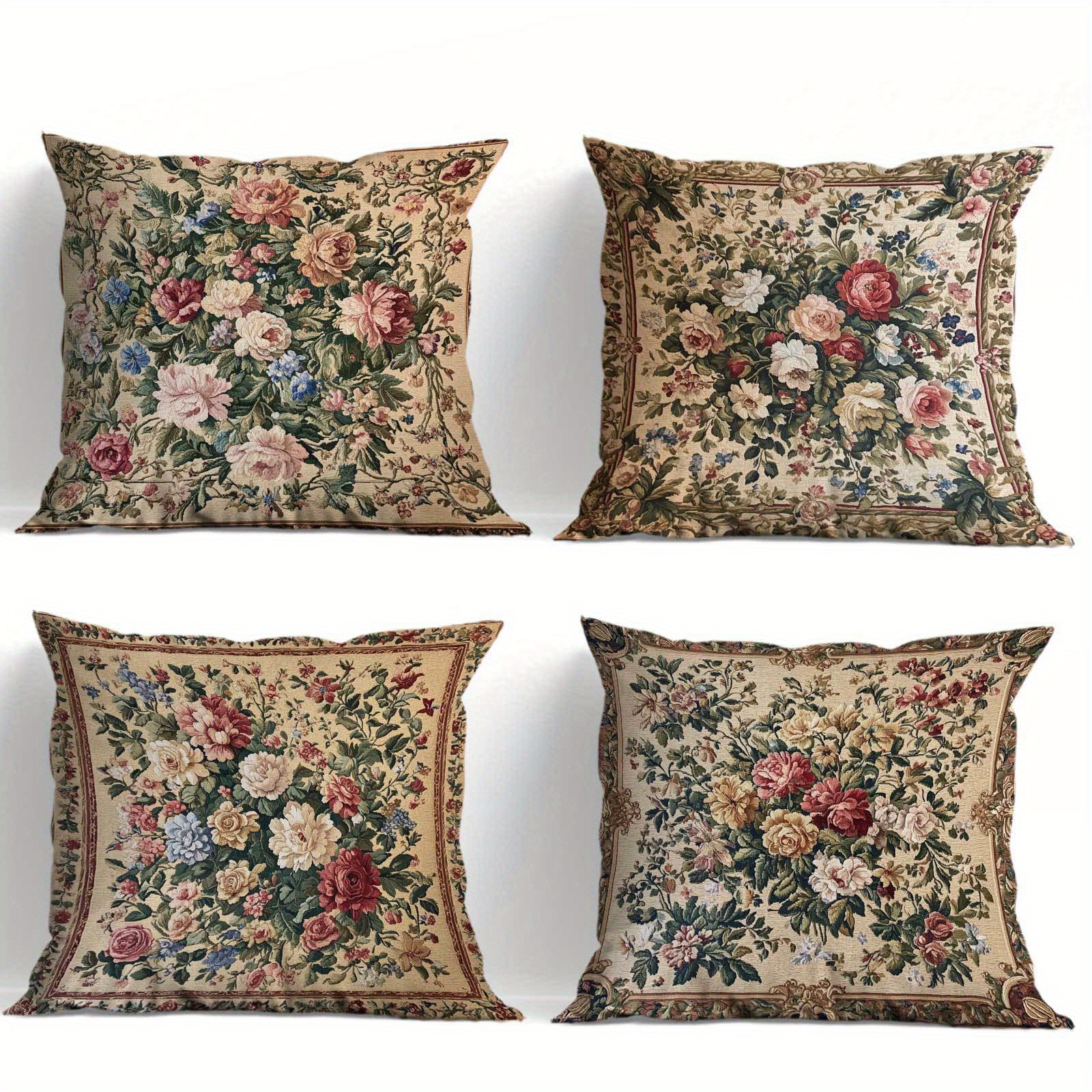 TEMU 4pcs Vintage Floral Print Pillow Covers - Mid-century Style Soft Decorative Cushion Covers With Zipper Closure, Machine Washable, For Sofa Room
