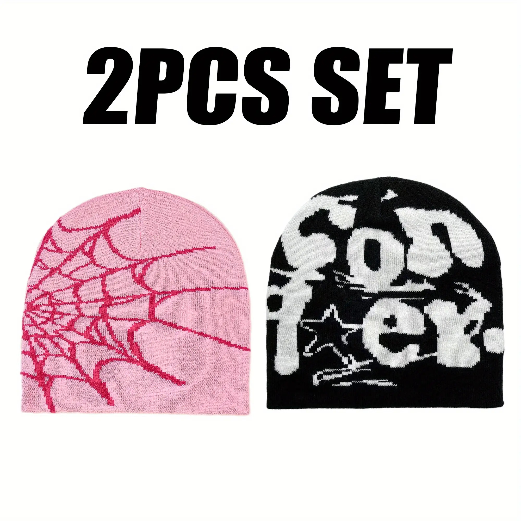 TEMU 2pcs Set[spider Web+ Icon Hip-hop Style Y2k Fashion Warm Hat Unisex Outdoor Cold-proof Headscarf Trendy Style]