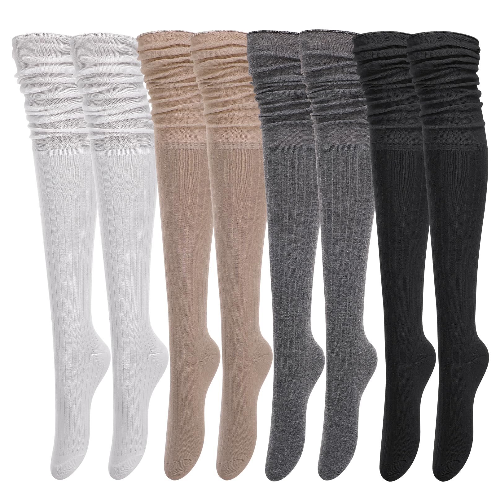 TEMU 4 Pairs Women's Knee-high Boots And Socks, Vertical Stripe Stacked Knee-high Socks, Thigh Socks, Casual Solid-color Layered Socks, Suitable For