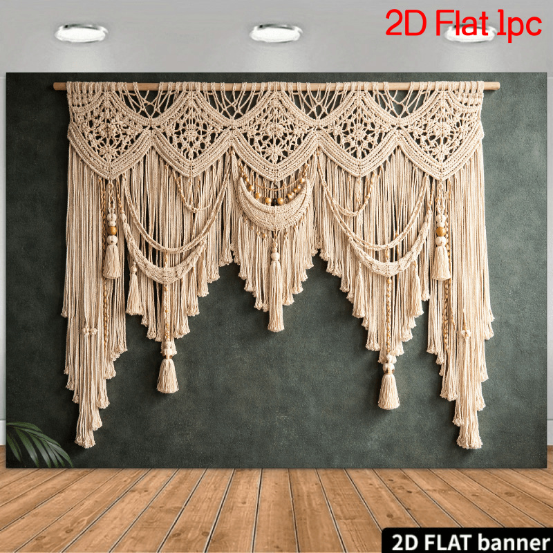 tapiz   2d para colgar en la pared,     2d, 1 pieza,   a   con borlas,   de encaje ondulado beige natural con adornos de cuentas de madera,  , no requiere electricidad,   para   de fotografía  ,   para fotografía de productos, uso  ,  