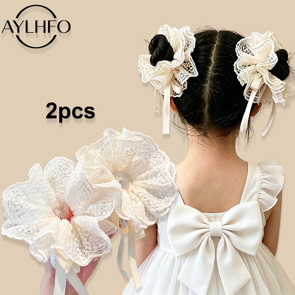 Image of Aylhfo 2/4pcs New Lace Trim Drawstring Adjustable Size Large Hair Ties Set, Girls' Lace Hair Bands, Cute Colorful Lace Hair Scrunchies, Suitable For Daily And Back-to-school Wear