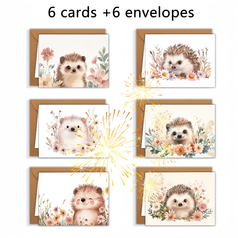 TEMU A Set Of 12 Adorable Hedgehog Greeting Cards [with Envelopes] - Featuring Unique Cartoon Animal And Floral Illustrations, Made From High-quality