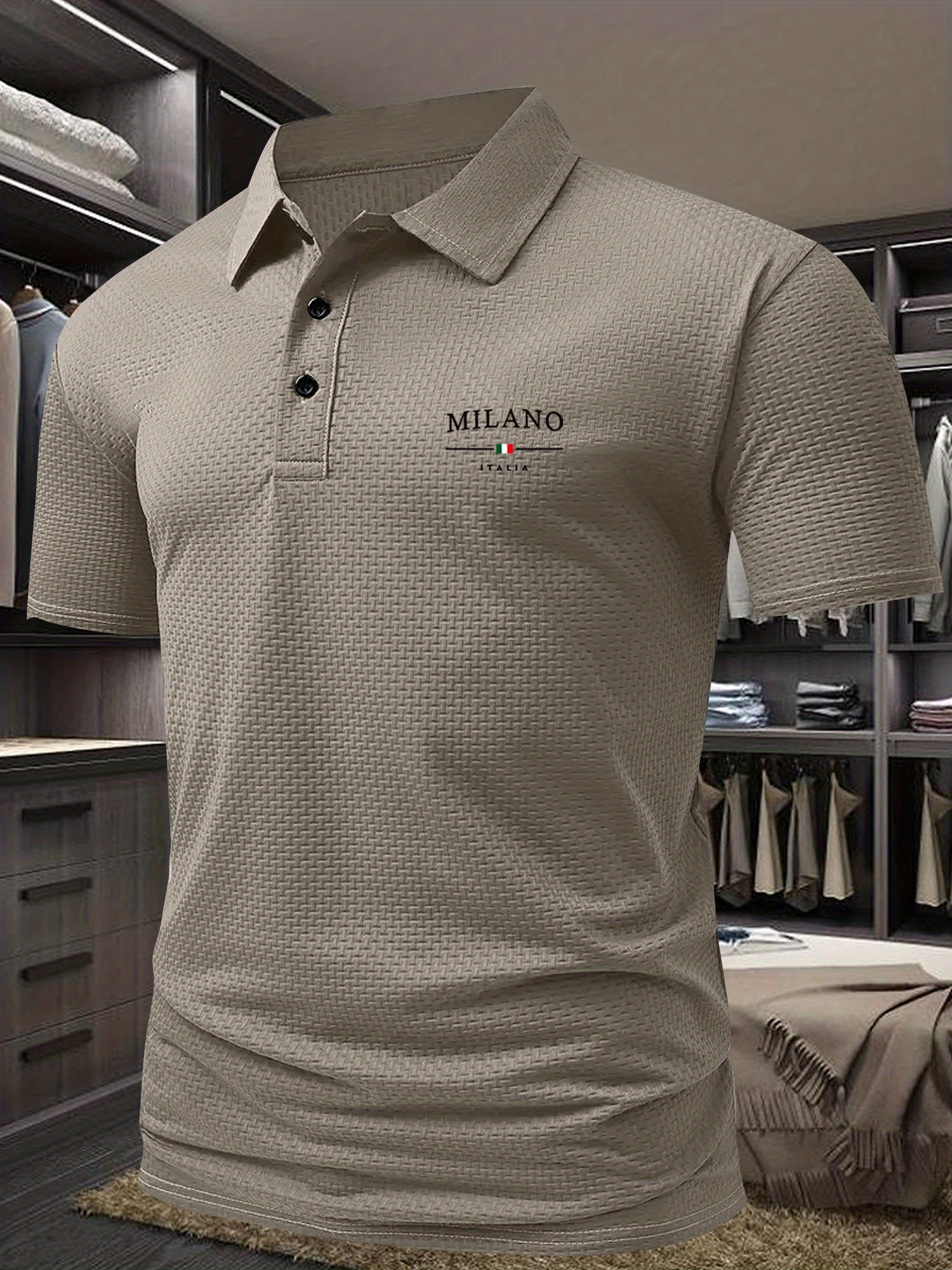 Milano Men'S Casual T-Shirt - Breathable Regular Fit Short Sleeve Shirt with Geometric Print, Button-Up Collar for Summer Comfort & Casual Attire, Comfortable Clothing, Easycare Material