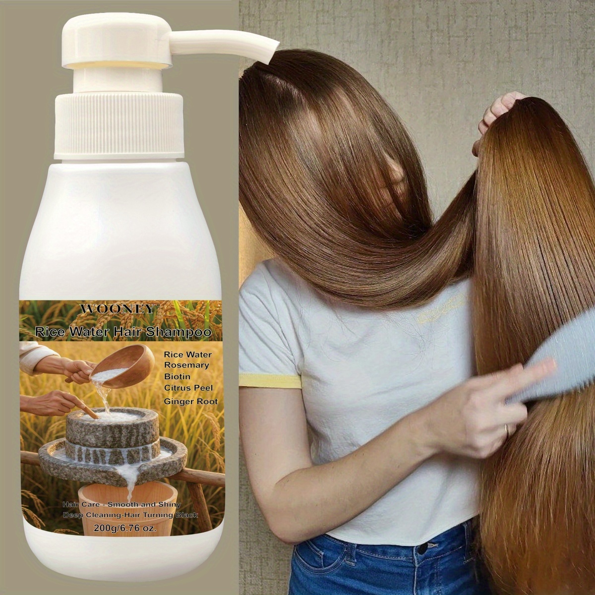 WOOONEY Rice Water Hair Shampoo Rich in Rice Water Rosemary Biotin Ginger Root Shampoo Hair Care - Smooth and Shiny Deep Cleaning - Hair Turning Black Summer and Autumn Shampoo Can Prevent Hair From Drying Out Make Hair Smooth and Solve Hair Frizz