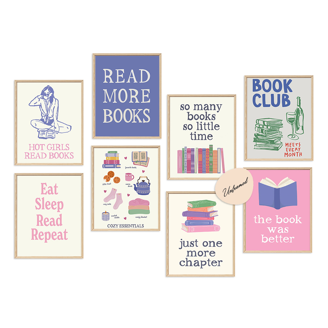 TEMU mural plat 2D, cadre, 8 pièces, pour des livres, décoration de club de lecture, affiches de lecture tendance, cadeau pour mural pour des livres,