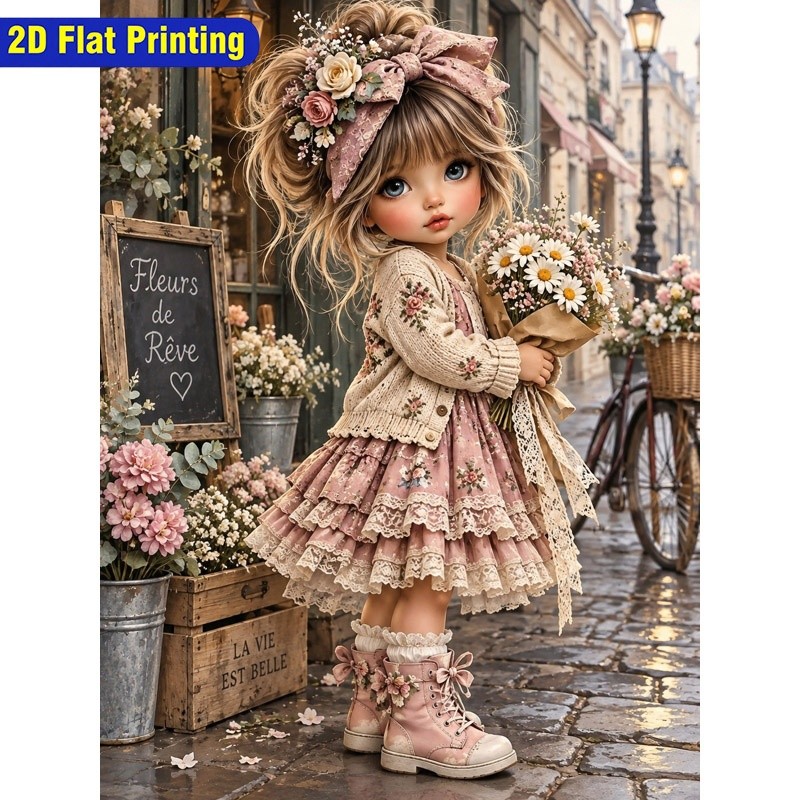 TEMU New Arrival! Diy Diamond Painting Kit Featuring A Charming Scene Of A Doll Standing On A Cobblestone Street Wearing A Dress With A Pink Floral