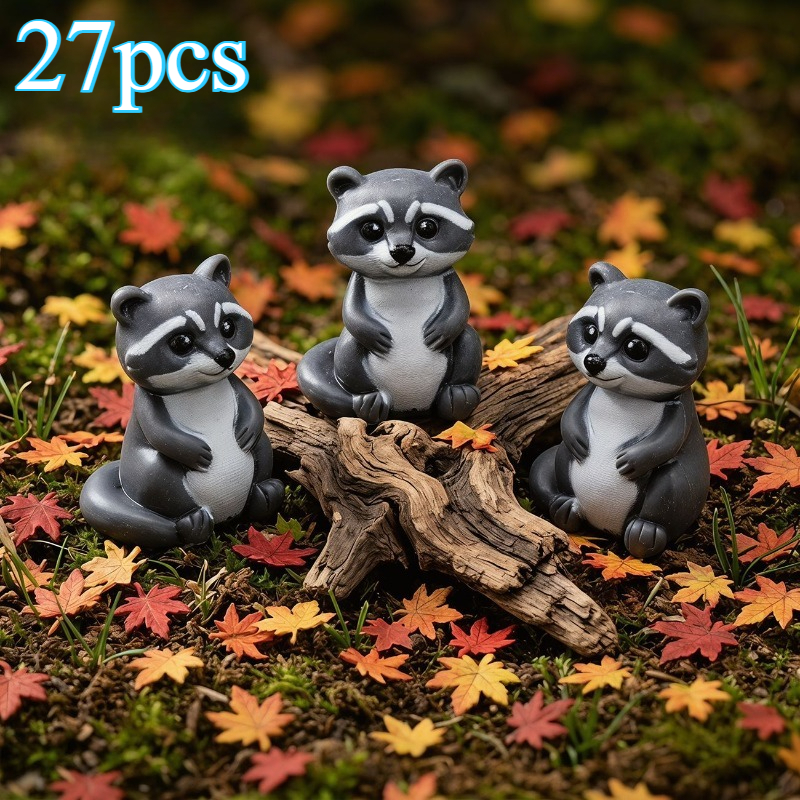TEMU 27pcs Mini Raccoon Car Dashboard Ornaments Solid Resin Cute Animal Figurines Realistic Raccoon Statues Auto Interior Desktop Holiday Party Decor