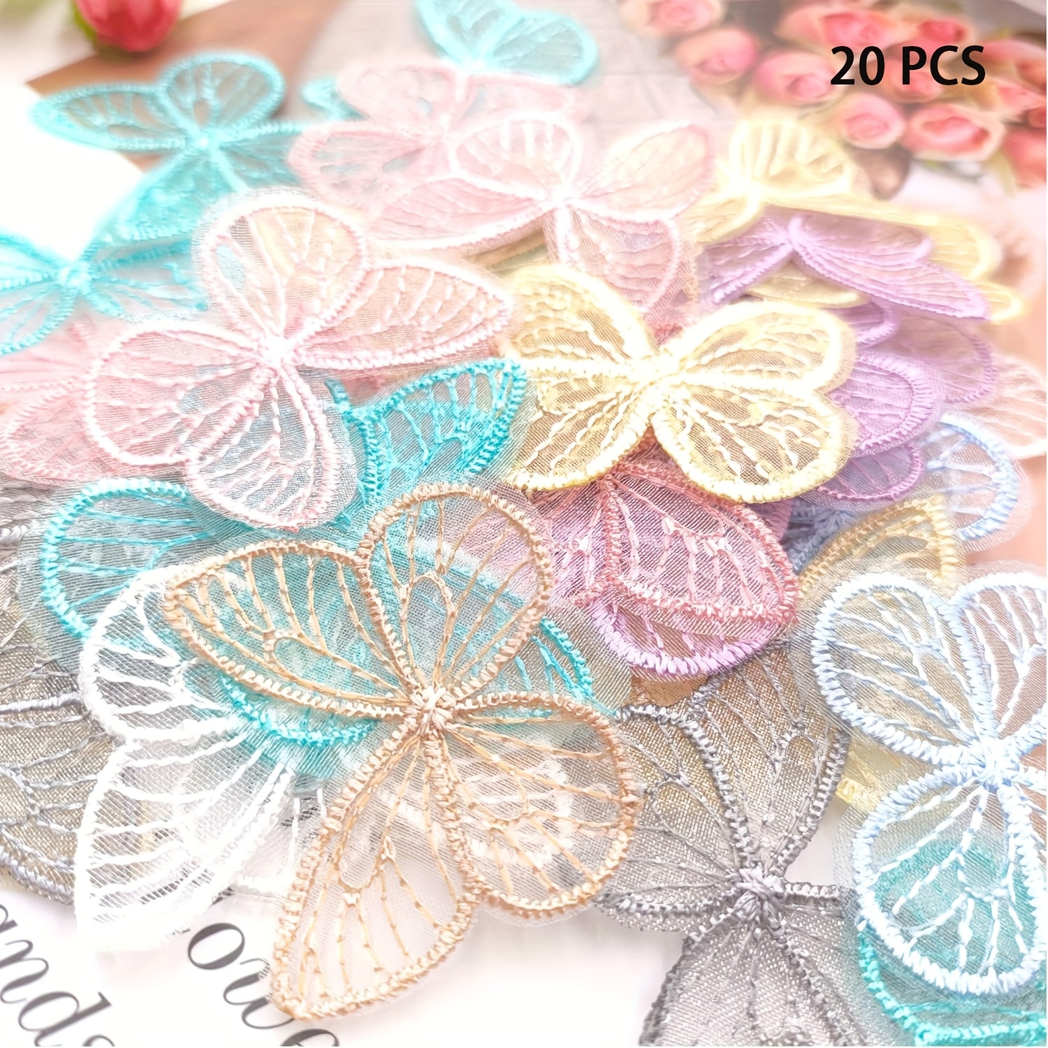 Set Of 20pcs Of Embroidered Mesh With Butterflies For Diy, Fabric Stickers With Butterflies, Embroidered Appliques For Clothing, Sewing Supplies, Diy Hair Clips, Wedding And Bridal Dress Decoration