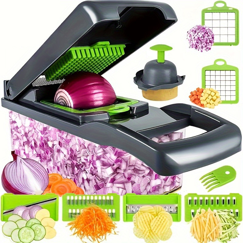 E-shop 11/14-in-1 Manueller Gemüse- Zwiebelhacker – Multifunktionales Lebensmittel-Schneidebrett mit austauschbaren Klingen, Abtropfkorb Behälter –