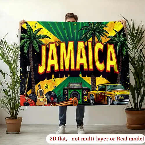 2D Flat, 1pc Jamaican Party Banner - Reggae Festival Decorations with * Colors (Green, Yellow, Golden, Black) - Vintage Jamaican * Backdrop Featuring Palm Trees * Gear & JAMAICA Text - Lightweight for ... 2D Flat, 1pc Jamaican Party Banner - Reggae Festival Decorations with * Colors (Green, Yellow, Golden, Black) - Vintage Jamaican * Backdrop Featuring Palm Trees * Gear & JAMAICA Text - Lightweight for ...