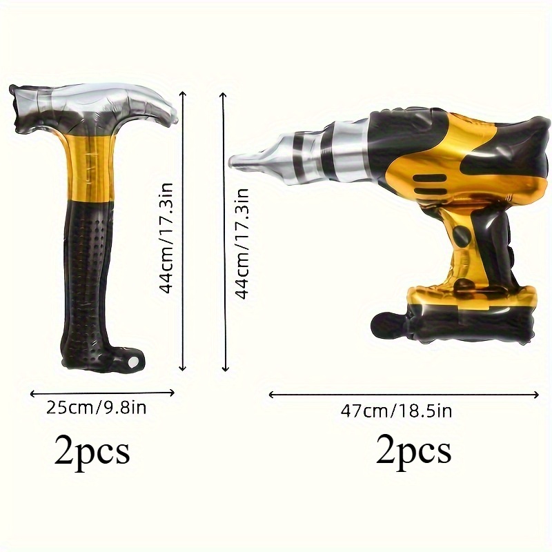 Image of 4pcs/8pcs Electric Drill Hammer Balloons - Construction-themed Aluminum Foil Balloon Decorations Suitable For Dad, Husband Birthday Parties, Photo Studio Props, Room Decorations, Themed Party Supplies